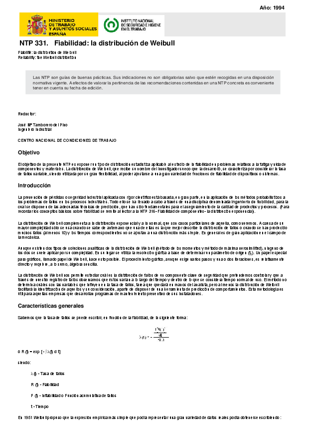 Primera página del documento NTP 331: Fiabilidad: la distribución de Weibull