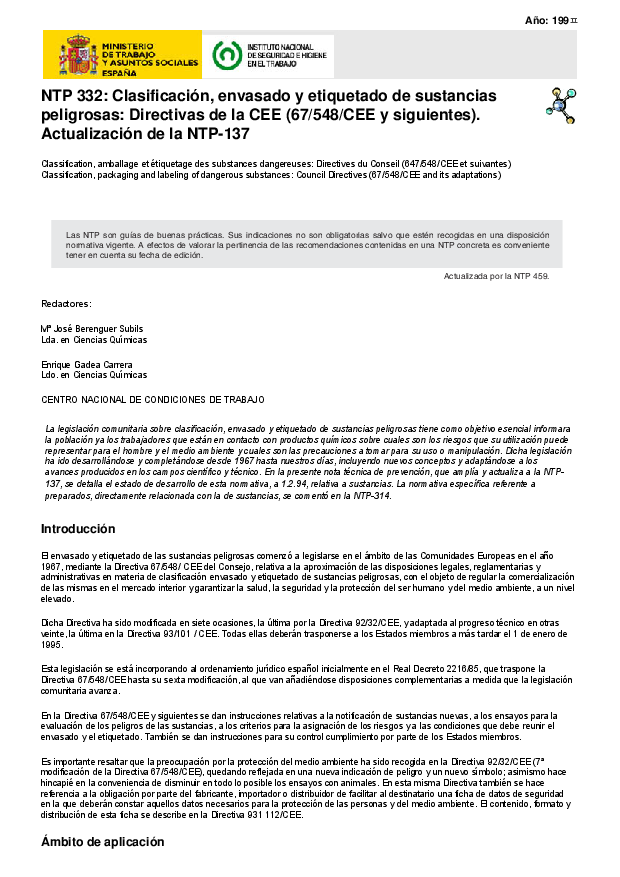 Primera página del documento NTP 332: Clasificación, envasado y etiquetado de sustancias peligrosas: Directivas de la CEE (67/548/CEE y siguientes). Actualización de la NTP-137