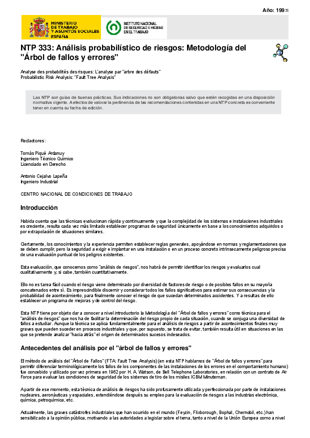 Primera página del documento NTP 333: Análisis probabilístico de riesgos: Metodología del "Árbol de fallos y errores"