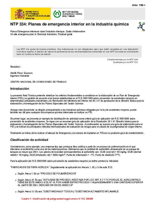 Primera página del documento NTP 334: Planes de emergencia interior en la industria química