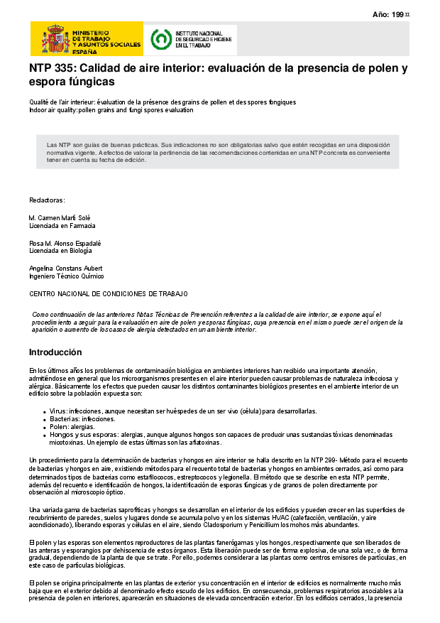 Primera página del documento NTP 335: Calidad de aire interior: evaluación de la presencia de polen y espora fúngicas