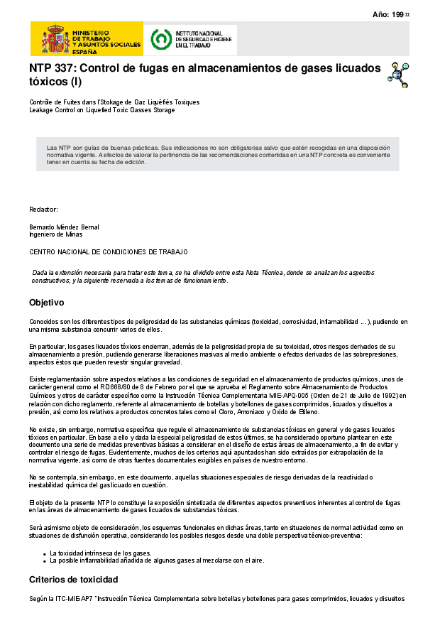 Primera página del documento NTP 337: Control de fugas en almacenamientos de gases licuados tóxicos (I)