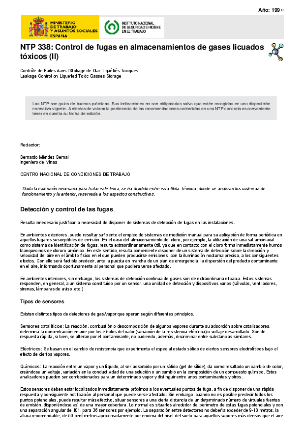 Primera página del documento NTP 338: Control de fugas en almacenamientos de gases licuados tóxicos (II)