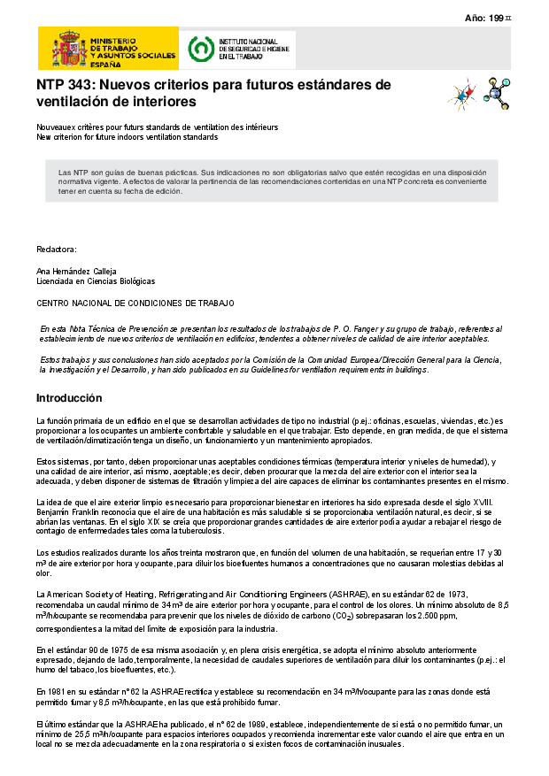 Primera página del documento NTP 343: Nuevos criterios para futuros estándares de ventilación de interiores