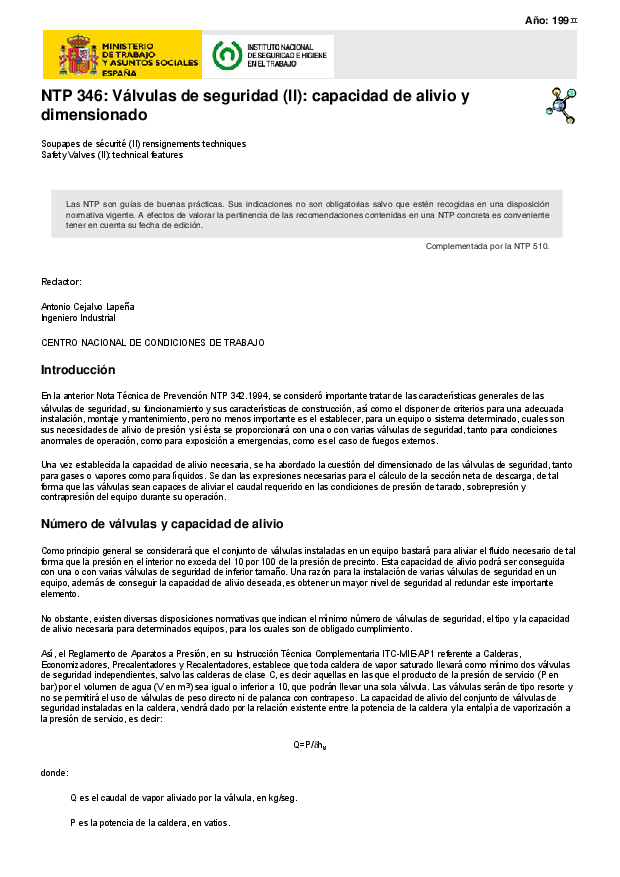 Primera página del documento NTP 346: Válvulas de seguridad (II): capacidad de alivio y dimensionado