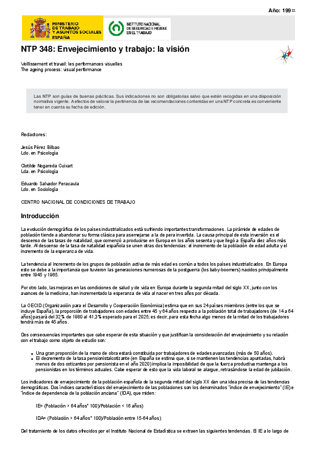 Primera página del documento NTP 348: Envejecimiento y trabajo: la visión