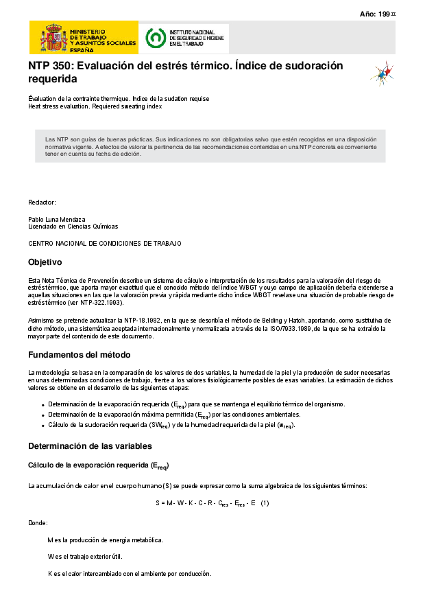 Primera página del documento NTP 350: Evaluación del estrés térmico. Índice de sudoración requerida