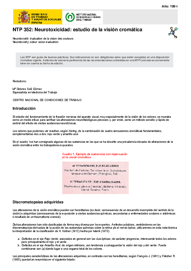 Primera página del documento NTP 352: Neurotoxicidad: estudio de la visión cromática