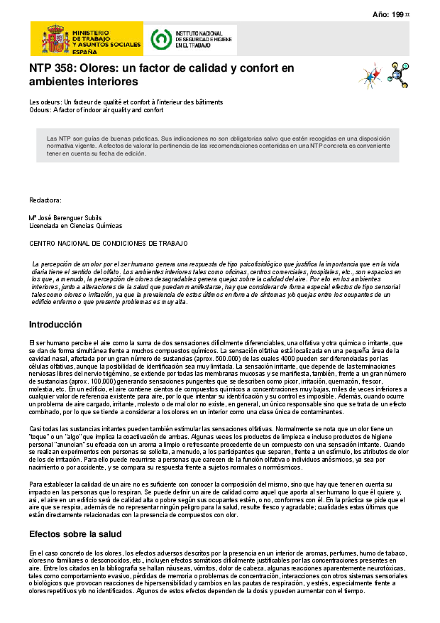 Primera página del documento NTP 358: Olores: un factor de calidad y confort en ambientes interiores