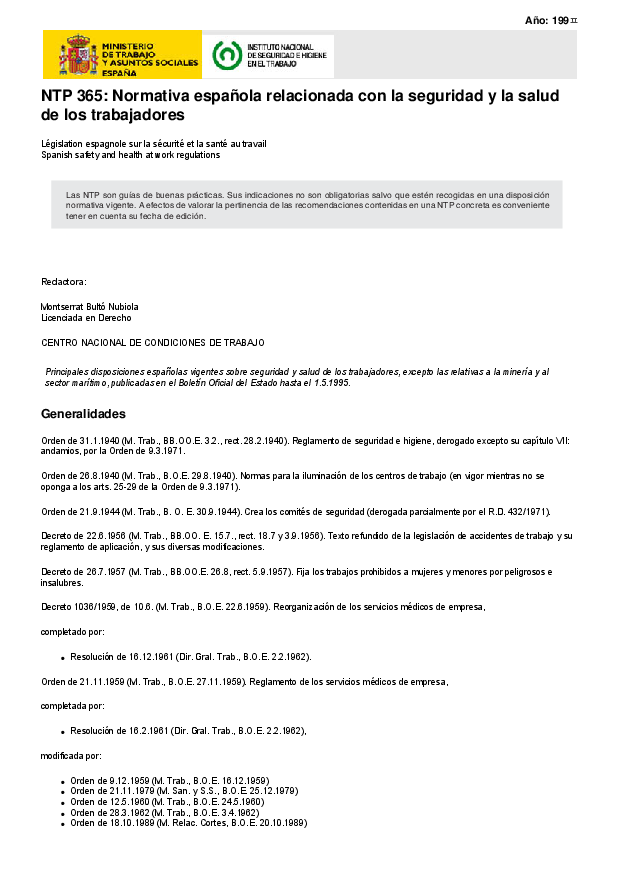 Primera página del documento NTP 365: Normativa española relacionada con la seguridad y la salud de los trabajadores