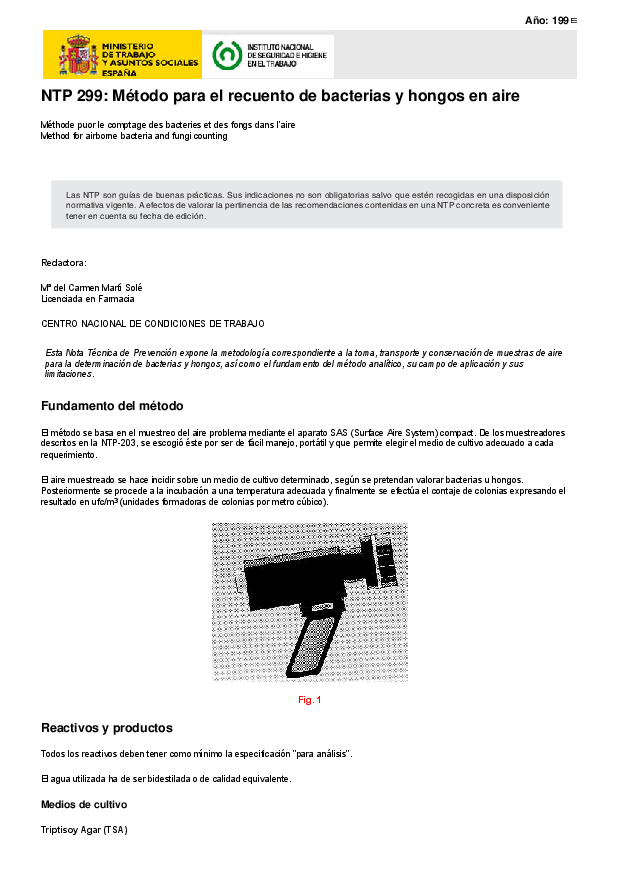 Primera página del documento NTP 299: Método para el recuento de bacterias y hongos en aire