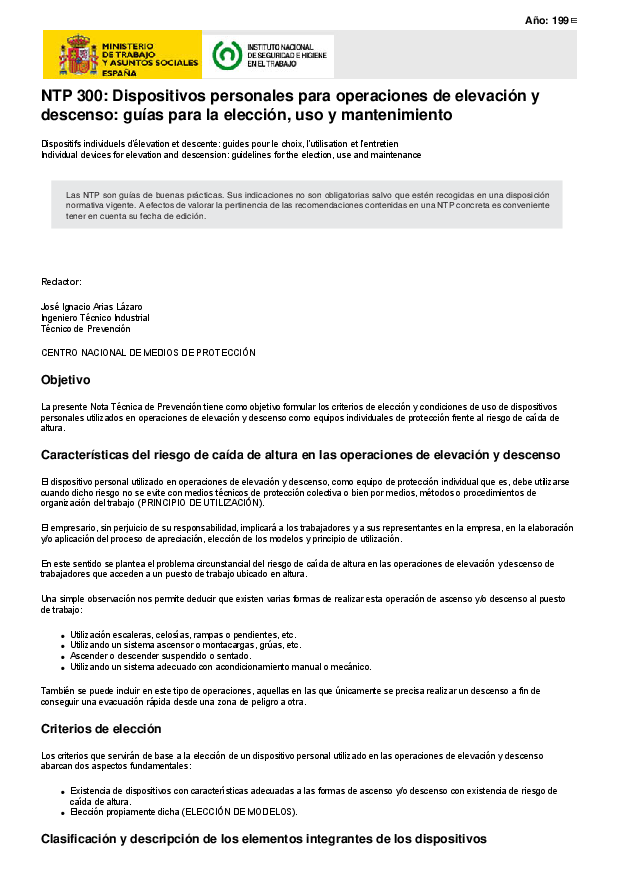 Primera página del documento NTP 300: Dispositivos personales para operaciones de elevación y descenso: guías para la elección, uso y mantenimiento