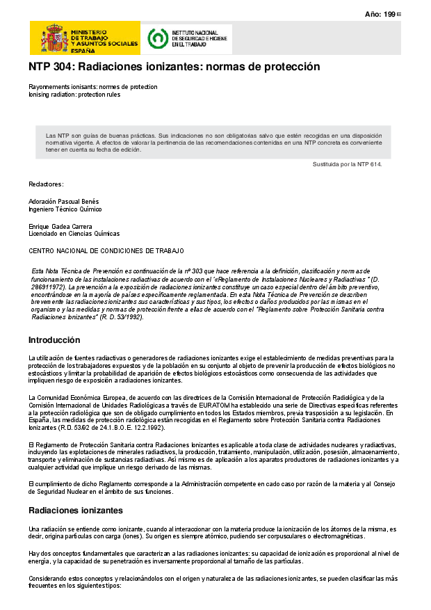 Primera página del documento NTP 304: Radiaciones ionizantes: normas de protección