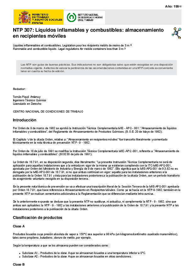 Primera página del documento NTP 307: Líquidos inflamables y combustibles: almacenamiento en recipientes móviles