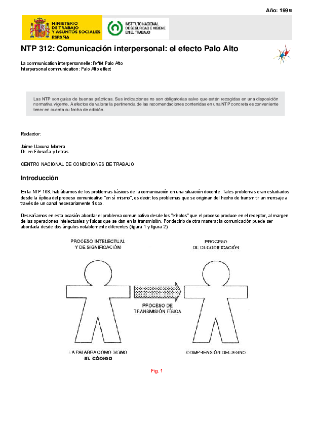 Primera página del documento NTP 312: Comunicación interpersonal: el efecto Palo Alto