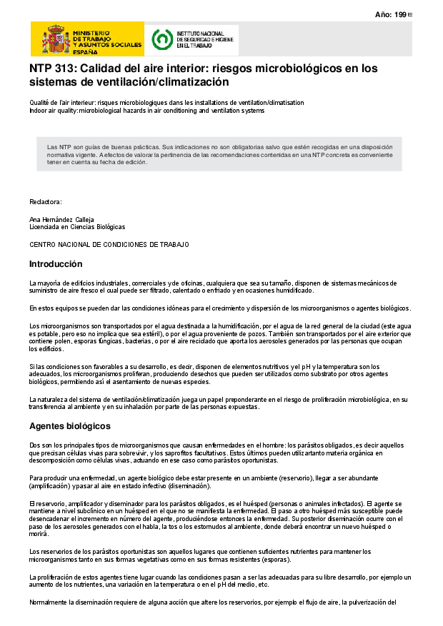 Primera página del documento NTP 313: Calidad del aire interior: riesgos microbiológicos en los sistemas de ventilación/climatización