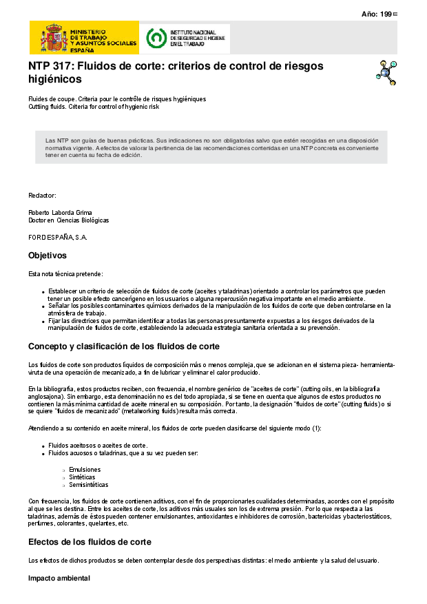 Primera página del documento NTP 317: Fluidos de corte: criterios de control de riesgos higiénicos