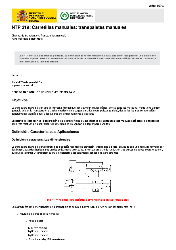 Primera página del documento NTP 319: Carretillas manuales: transpaletas manuales