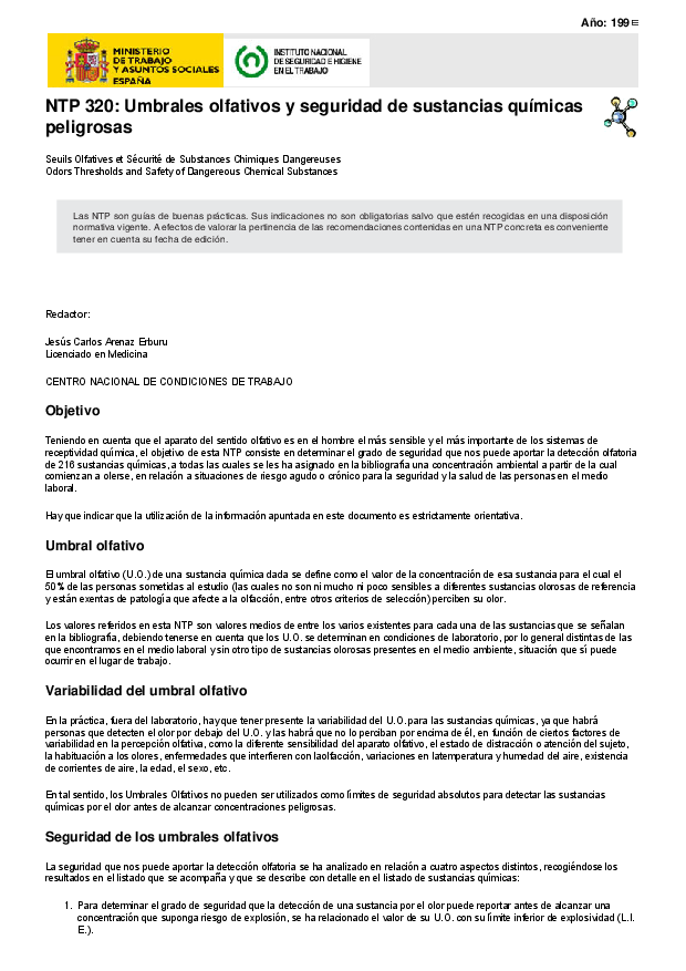 Primera página del documento NTP 320: Umbrales olfativos y seguridad de sustancias químicas peligrosas