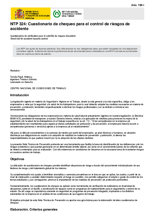Primera página del documento NTP 324: Cuestionario de chequeo para el control de riesgos de accidente