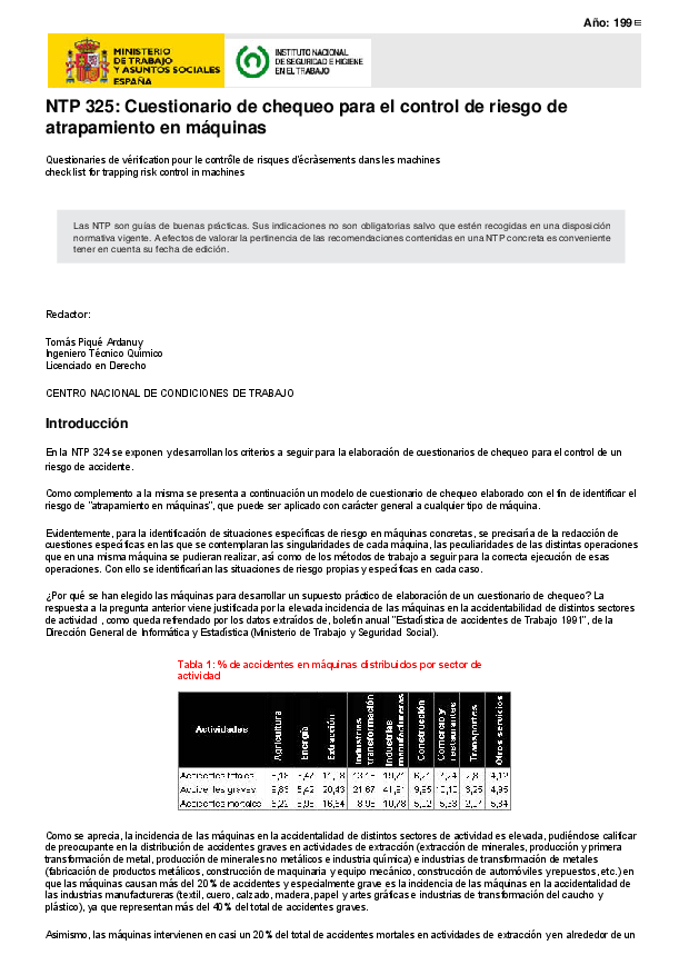 Primera página del documento NTP 325: Cuestionario de chequeo para el control de riesgo de atrapamiento en máquinas