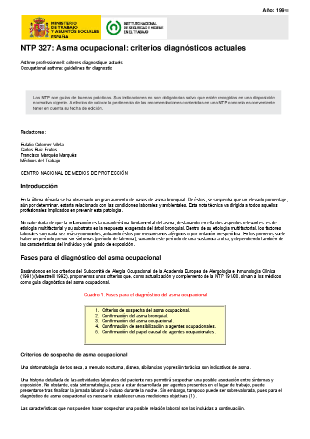 Primera página del documento NTP 327: Asma ocupacional: criterios diagnósticos actuales