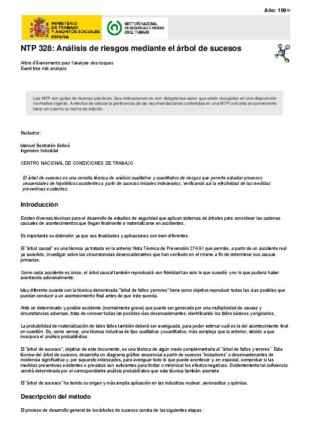 Primera página del documento NTP 328: Análisis de riesgos mediante el árbol de sucesos