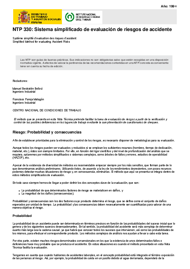 Primera página del documento NTP 330: Sistema simplificado de evaluación de riesgos de accidente - Año 1993