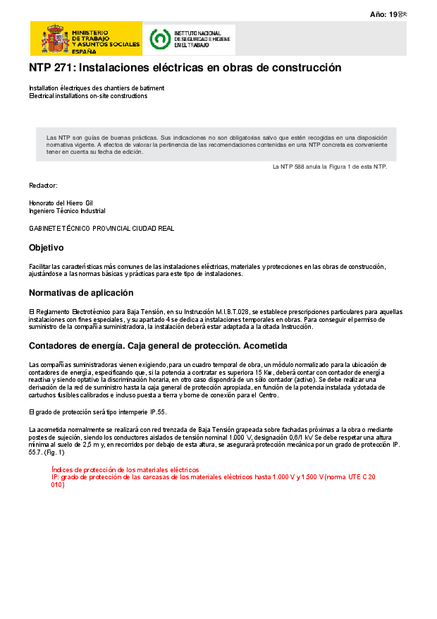 Primera página del documento NTP 271: Instalaciones eléctricas en obras de construcción