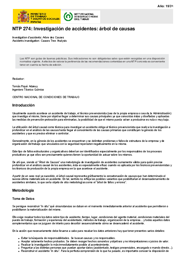 Primera página del documento NTP 274: Investigación de accidentes: árbol de causas