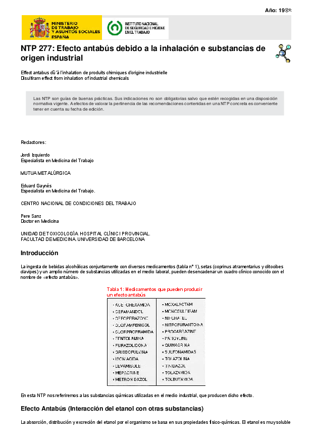 Primera página del documento NTP 277: Efecto antabús debido a la inhalación e substancias de origen industrial