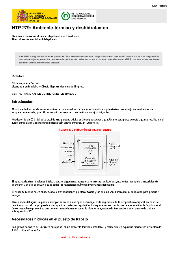 Primera página del documento NTP 279: Ambiente térmico y deshidratación