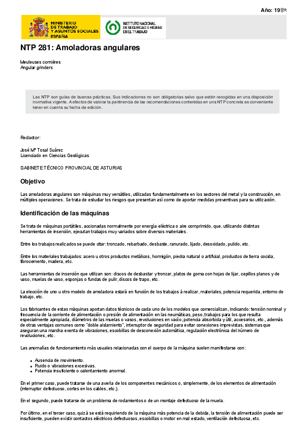 Primera página del documento NTP 281: Amoladoras angulares