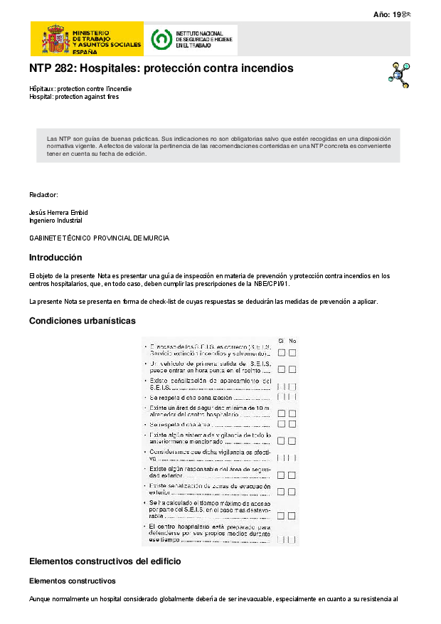 Primera página del documento NTP 282: Hospitales: protección contra incendios