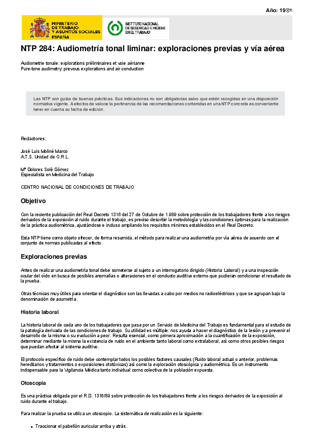 Primera página del documento NTP 284: Audiometría tonal liminar: exploraciones previas y vía aérea