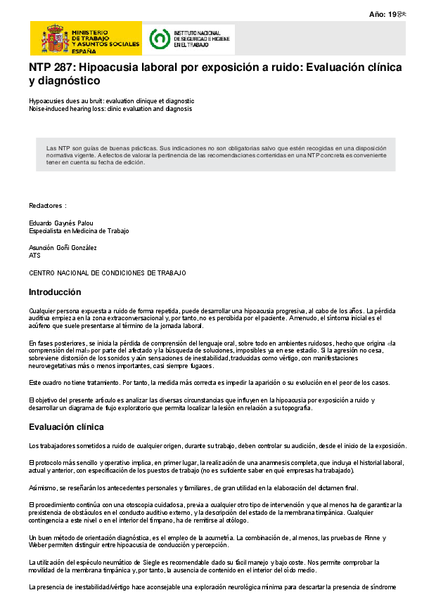 Primera página del documento NTP 287: Hipoacusia laboral por exposición a ruido: Evaluación clínica y diagnóstico
