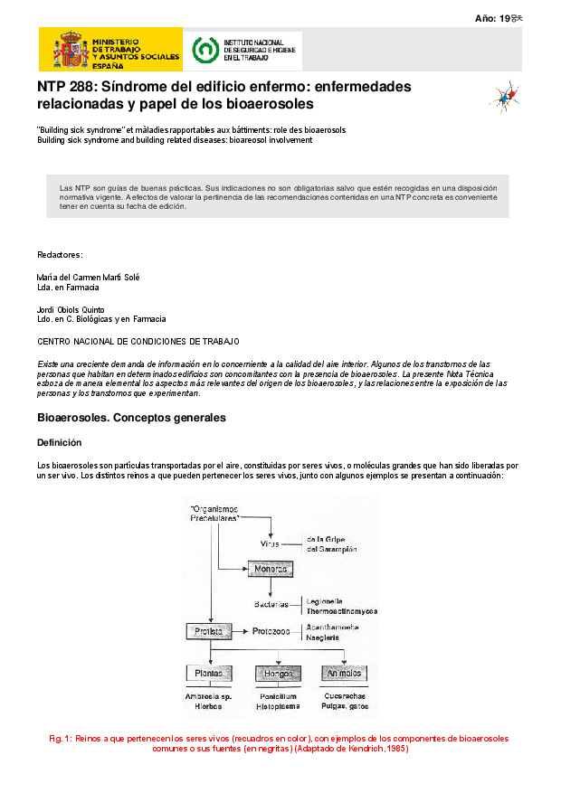 Primera página del documento NTP 288: Síndrome del edificio enfermo: enfermedades relacionadas y papel de los bioaerosoles