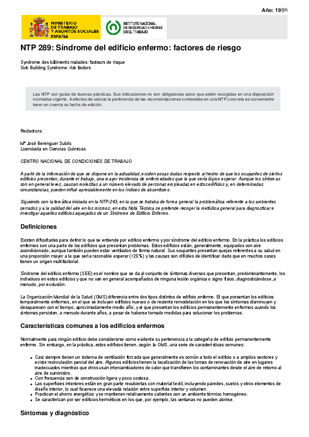 Primera página del documento NTP 289: Síndrome del edificio enfermo: factores de riesgo