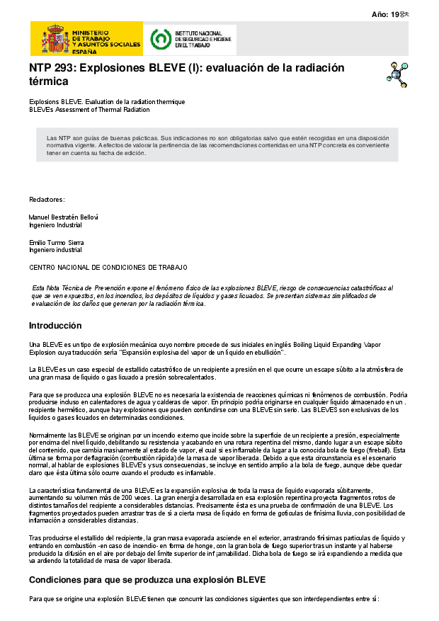 Primera página del documento NTP 293: Explosiones BLEVE (I): evaluación de la radiación térmica