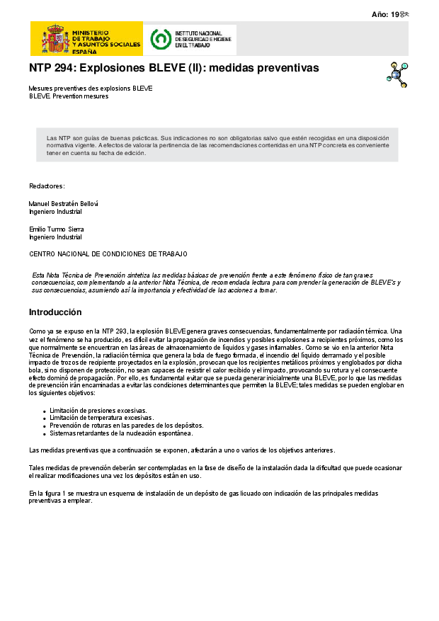Primera página del documento NTP 294: Explosiones BLEVE (II): medidas preventivas