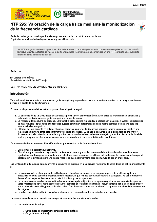 Primera página del documento NTP 295: Valoración de la carga física mediante la monitorización de la frecuencia cardiaca