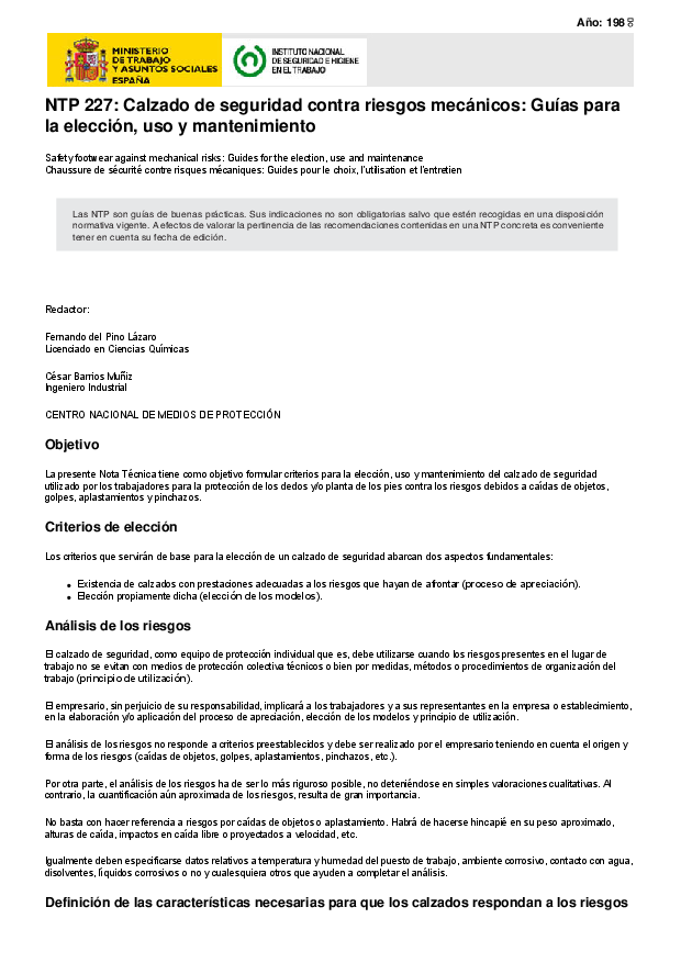 Primera página del documento NTP 227: Calzado de seguridad contra riesgos mecánicos: Guías para la elección, uso y mantenimiento
