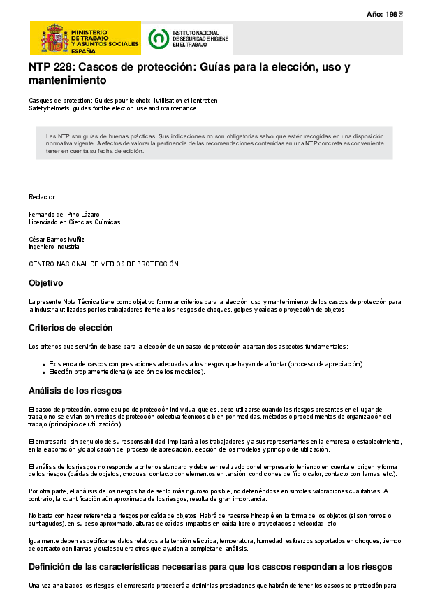 Primera página del documento NTP 228: Cascos de protección: Guías para la elección, uso y mantenimiento