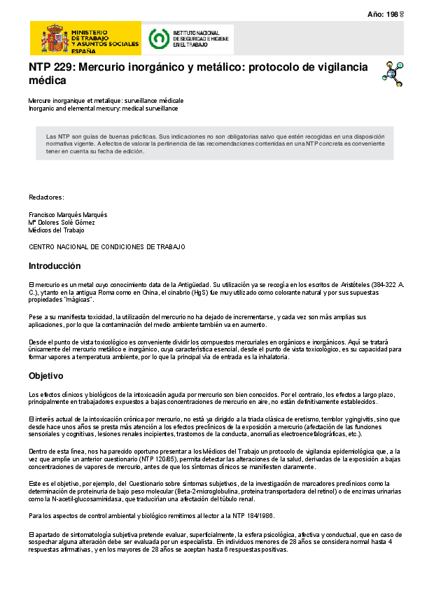 Primera página del documento NTP 229: Mercurio inorgánico y metálico: protocolo de vigilancia médica