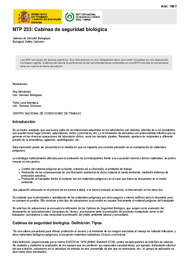 Primera página del documento NTP 233: Cabinas de seguridad biológica