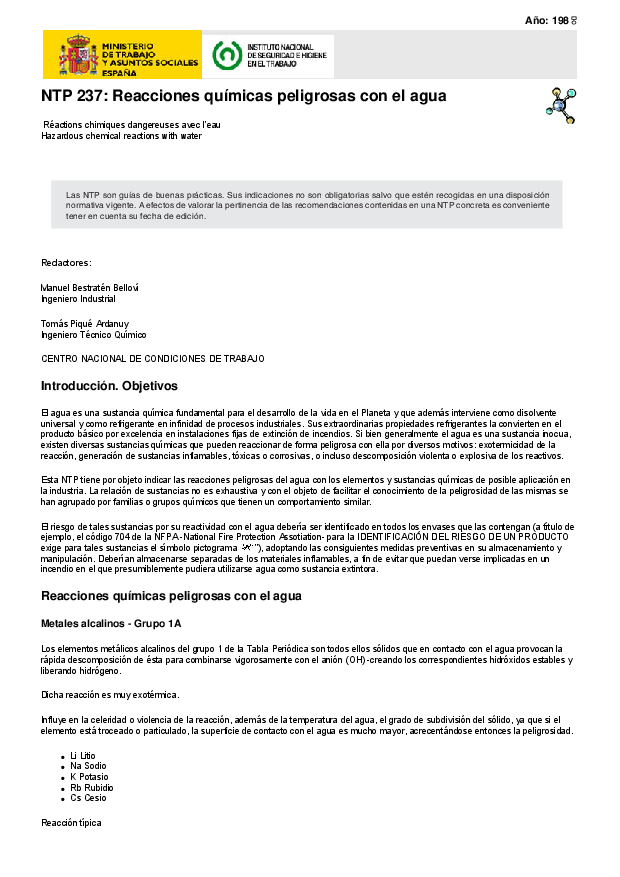 Primera página del documento NTP 237: Reacciones químicas peligrosas con el agua
