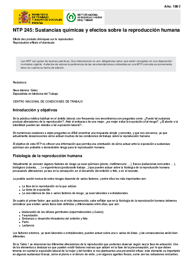 Primera página del documento NTP 245: Sustancias químicas y efectos sobre la reproducción humana