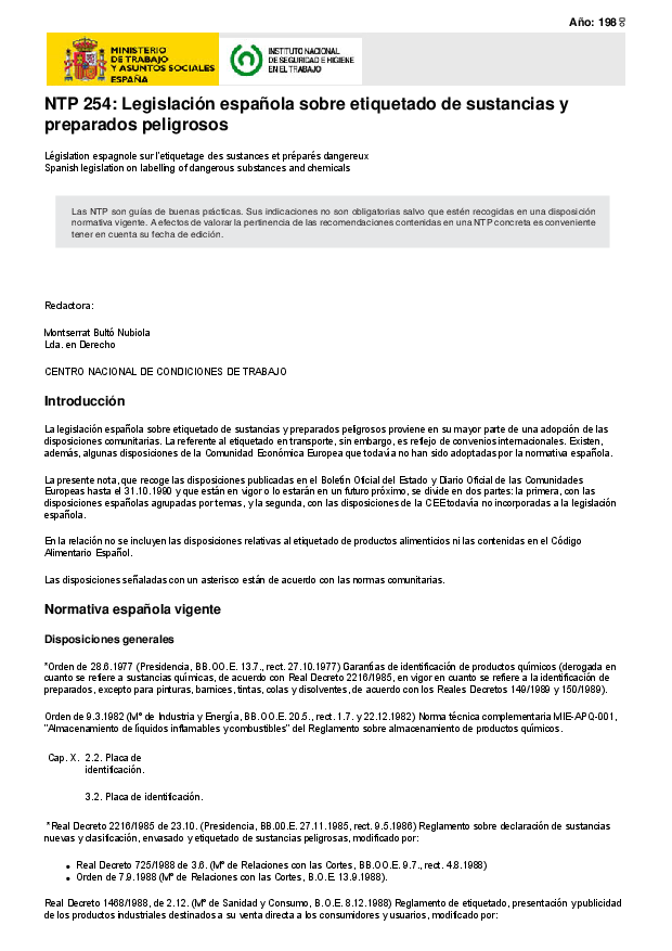 Primera página del documento NTP 254: Legislación española sobre etiquetado de sustancias y preparados peligrosos