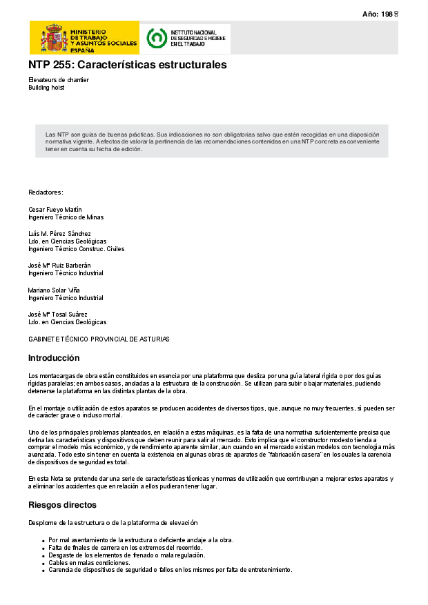 Primera página del documento NTP 255: Características estructurales