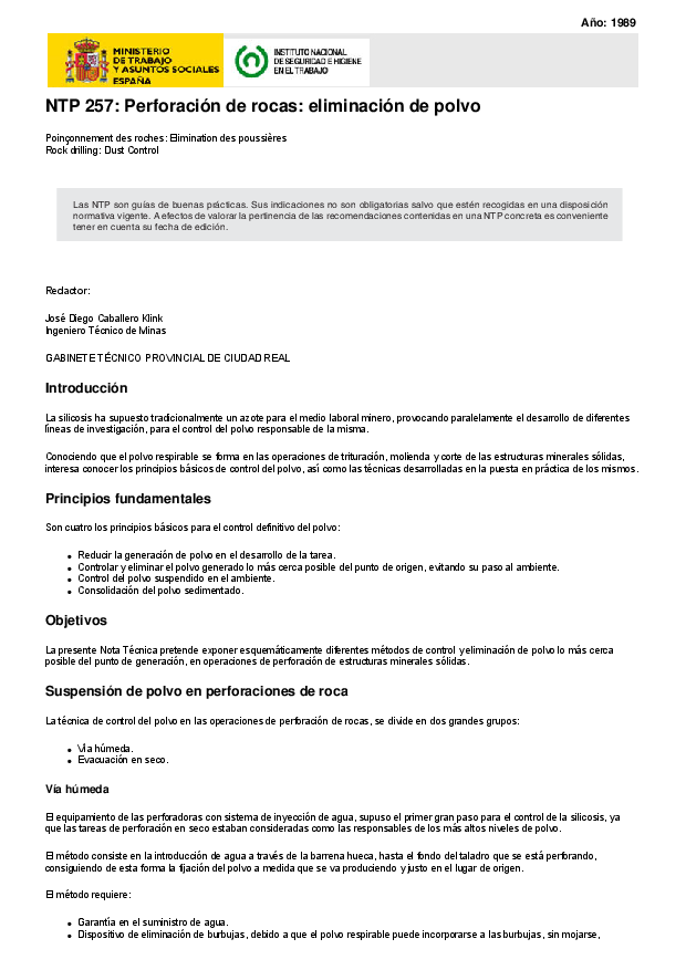 Primera página del documento NTP 257: Perforación de rocas: eliminación de polvo
